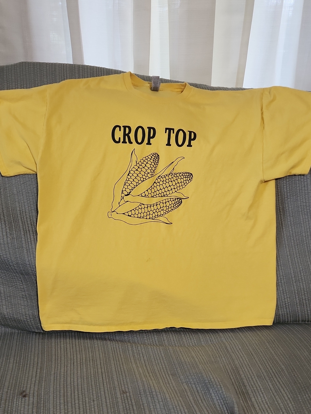 Gildan Yellow Crop Top Graphic Tee with Corn Illustration